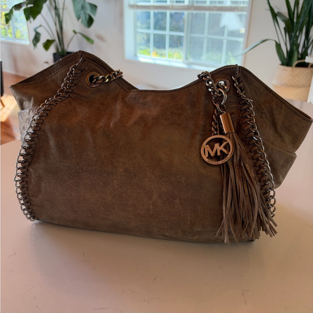 Michael Kors Metallic Pewter Leather Chain Tote Tassel Y2K
